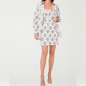 Floral Tile Print White and Blue Dress
